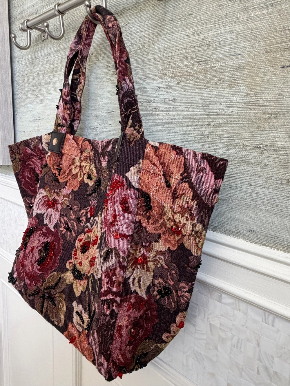 New Anthropologie Maeve Floral beaded Tote Bag brown pink tapestry embellished - Picture 8 of 15
